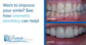 Before and after picture of cosmetic dentistry. Text: Want to improve your smile? See how cosmetic dentistry can help!
